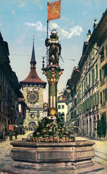 Bern, Zähringerbrunnen mit Zeitglockenturm Vorderseite