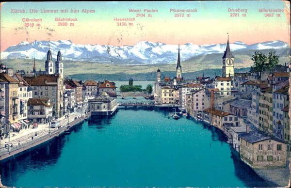 Zürich, Doe Limmat mit den Alpen Vorderseite