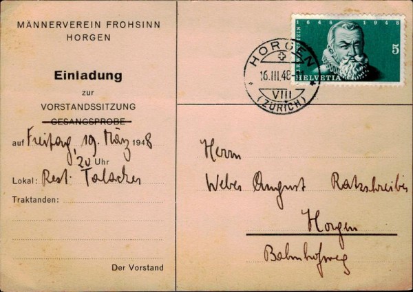 Horgen, Männerverein Frohsinn, Einladung zur Vorstandssitzung 1948 Vorderseite