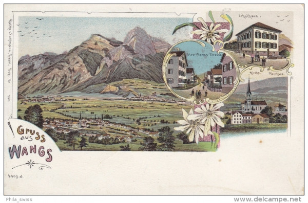 Wangs, Gruss aus (SG) - farbige Litho - Schulhaus, Kirche Pfarrhaus, Neu-Wangs-str., Gesamtansicht