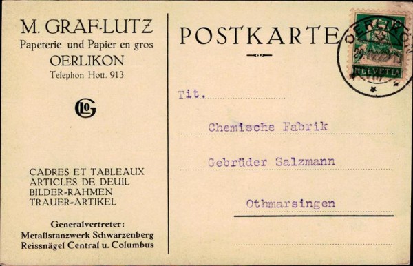 Postkarte von M. Graf-Lutz, Papeterie, Oerlikon Vorderseite