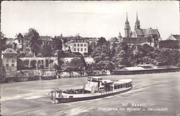 Basel, Rheinpartie mit Münster und Dampfschiff