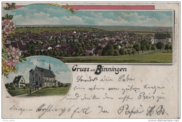 Binningen, Gruss aus - farbige Litho - Kirche, Dorf