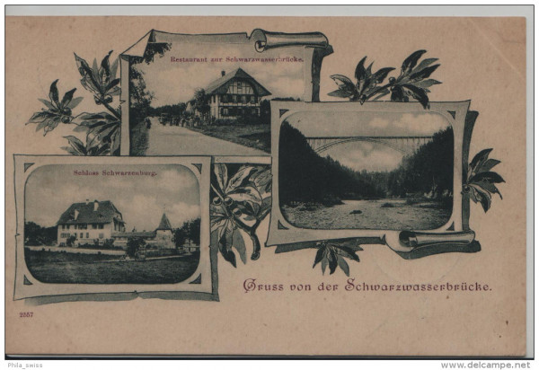 Schwarzenburg- Gruss aus der Schwarzwasserbrücke mit Restaurant, Schloss - 3 Bild AK
