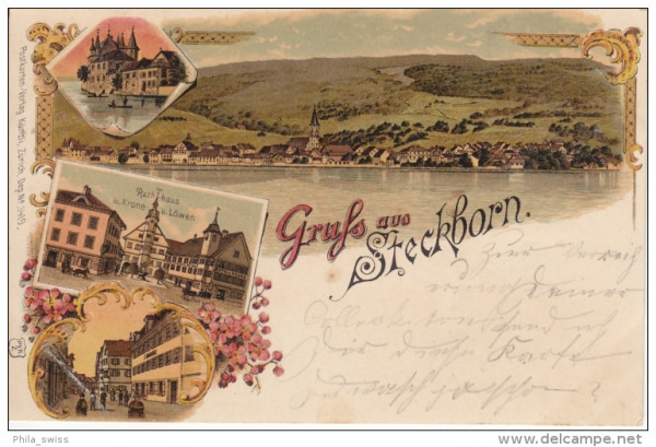 Steckborn - farbige Litho - Rathaus mit Krone und Löwen, Schloss, Dorf