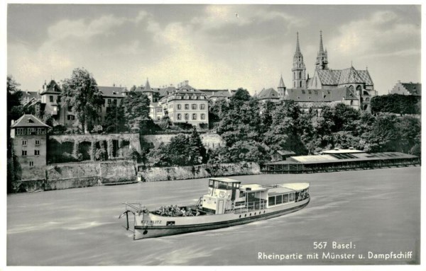 Basel, Rheinpartie mit Münster u. Dampfschiff Vorderseite
