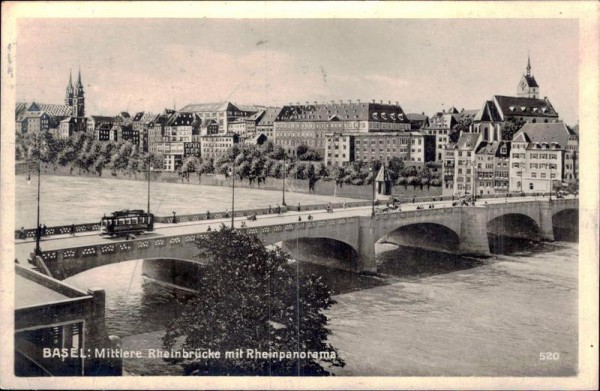 Basel: Mittlere Rheinbrücke mit Rheinpanorama Vorderseite