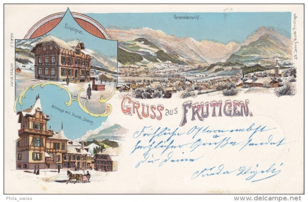 Frutigen, Gruss aus - farbige Winterlitho mit Glitter/brillants - Schulhaus, Handl. Jenny, Generalan