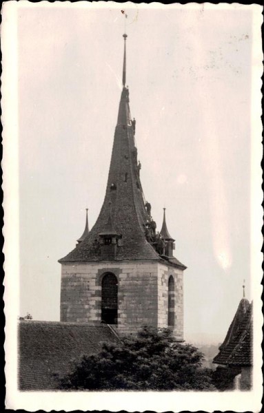 Arbeiter auf dem Kirchturm, ev. Murten Vorderseite