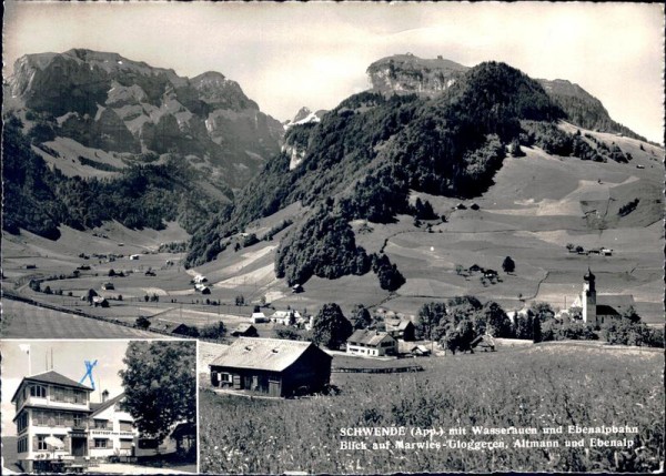 Schwende mit Wasserauen und Ebenalpbahn Blick auf Marwies-Gloggeren, Altmann und Ebenalp Vorderseite