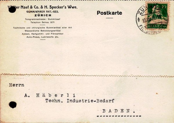 Bestellkarte, Walter Naef & Co, Zürich, 1927 Vorderseite
