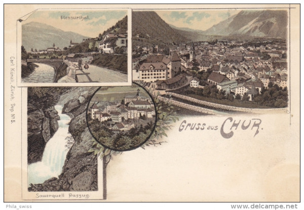 Chur, Gruss aus - farbige Litho - Plessurthal, Sauerquell Passug