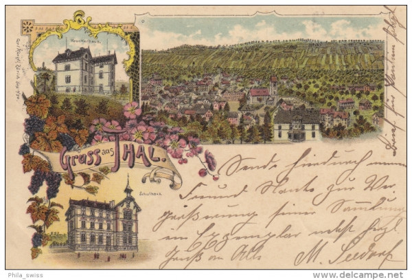 Thal, Gruss aus SG - farbige Litho - Schulhaus, Krankenhaus