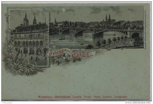 Gruss aus Basel - Mittlere Brücke, Rathaus - Warenhaus Gebrüder Loeb - Mondschein Litho