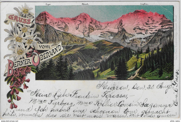 Berner Oberland, Gruss aus - farbige Litho - Alpenglühn