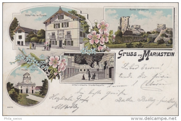 Mariastein, Gruss aus - Hotel de la Poste, Ruine Landskron, Kloster-Kirche - Litho