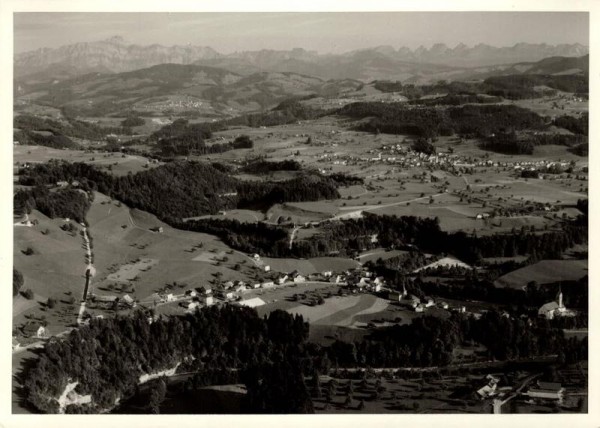 9604 Lütisburg SG, Kath. Kirche St. Michael, Evang. Kirche, Flawilerstr., Bergstr., Thur/ Säntis Vorderseite