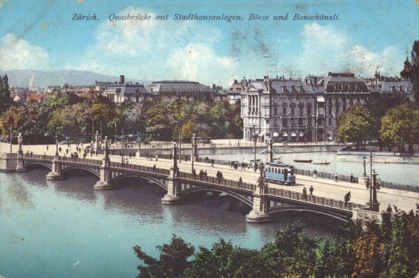 Zürich. Quaibrücke mit Stadthausanlagen, Börse und Bauschänzli. 1913