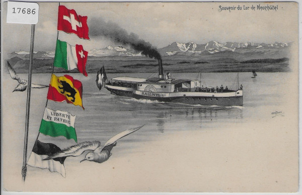 Souvenir du Lac de Neuchatel - Bateau Le Hallwyl Dampfschiff - Litho