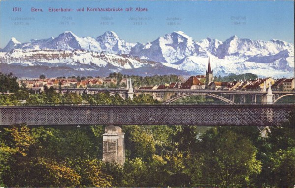 Bern, Eisenbahn - und Kornhausbrücke mit Alpen
