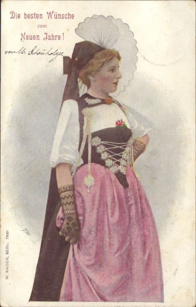 Neujahrskarte mit Trachtenfrau