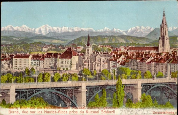 Bern, Blick auf die Hochalpen vom Kursaal Schänzli gesehen