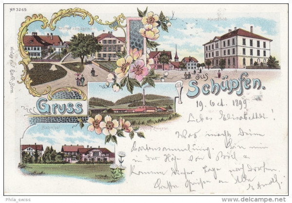 Schüpfen, Gruss aus - farbige Litho - Bahnhof, hauptbild, Mech. Ziegelei, Gasthof zum Loewen