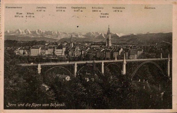Bern und die Alpen vom Schänzli. 1913 Vorderseite