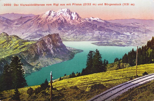 Der Vierwaldstättersee vom Rigi aus mit Pilatus (2132m) und Bürgenstock (1131m). 1919
