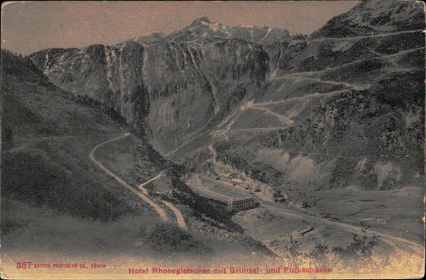 Hotel Rhonegletscher mit Grimsel- und Furkastrasse Vorderseite