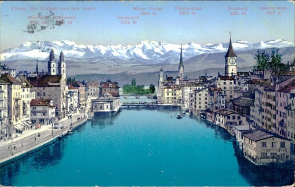 Zürich. Die Limmat mit den Alpen Vorderseite