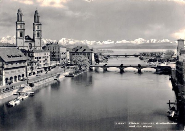 Zürich. Limmat, Grossmünster und die Alpen Vorderseite