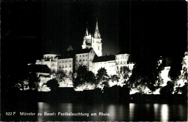 Münster zu Basel : Festbeleuchtung am Rhein Vorderseite