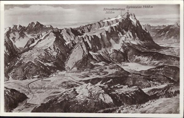Reliefbild des Zugspitzmassives mit eingezeichneter Trasse der Bayer. Zugspitzbahn Vorderseite
