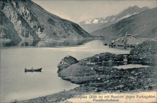 Oberalpsee mit Aussicht gegen Furkagebiet Forellenfischerei Vorderseite