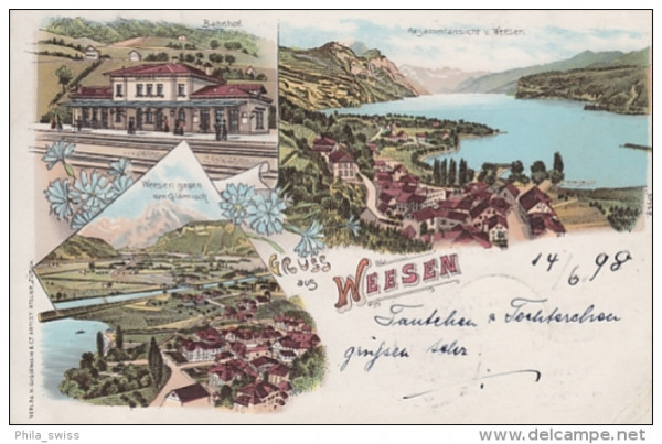 Weesen, Gruss aus - farbige Litho - Bahnhof, Gesamtansicht, Glärnisch