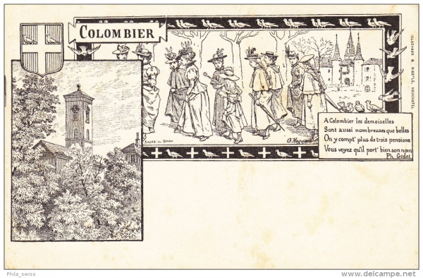 Colombier (NE) Kirche, Eglise, Litho O. Huguenin