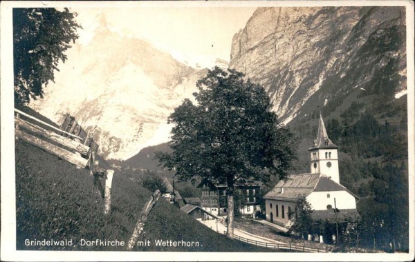 Grindelwald, Dorfkirche mit Wetterhorn Vorderseite