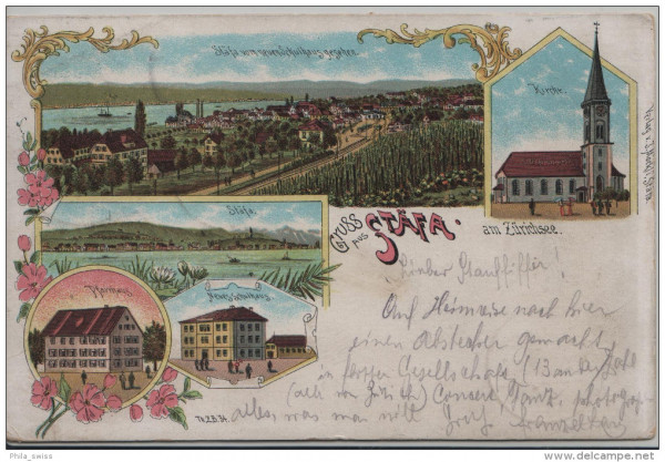 Stäfa am Zürichsee, Gruss aus - farbige Litho - Kirche, Pfarrhaus, Neues Schulhaus