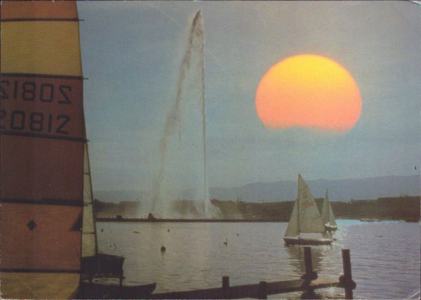 Genève - Le jet d'eau (130m) Coucher du soleil