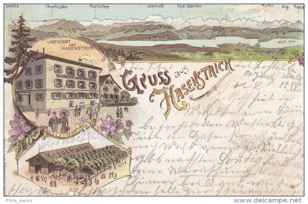 Hinwil - Hasenstrick, Gruss aus ZH - farbige Litho - Wirtschaft, Kegelbahn