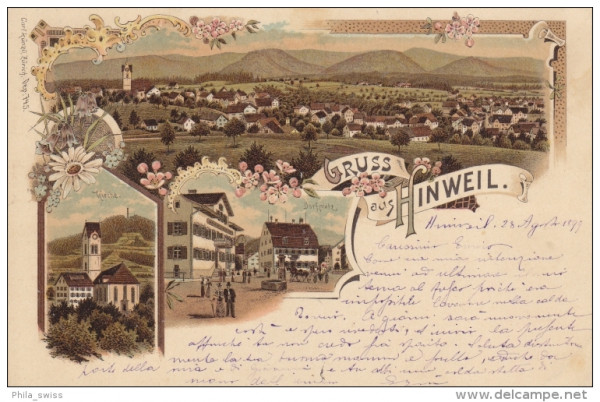 Hinwil Gruss aus Hinweil - farbige Litho - Kirche, Dorfplatz