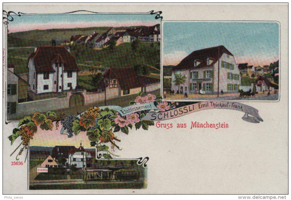 Münchenstein, Gruss aus - colorierte Foto - Etablissement Schlössli Emil Thürkauf-Frank