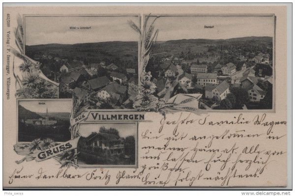 Villmergen, Gruss aus - Mittel- und Unterdorf, Oberdorf, Kirche, 4 Bilder AK