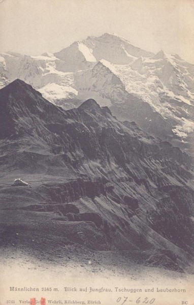 Männlichen (2345 M.). Blick auf Jungfrau, Tschuggen und Lauberhorn Vorderseite