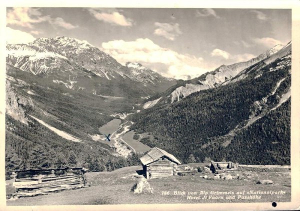Blick von Alp Grimmels auf Nationalpark. Hotel JL Fuorn und Passhöhe. 1949 Vorderseite