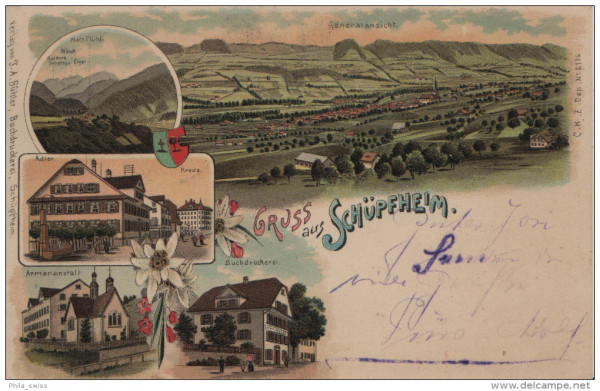Schüpfheim, Gruss aus - farbige Litho - Adler, Kreuz, Armenanstalt, Buchdruckerei, Generalansicht