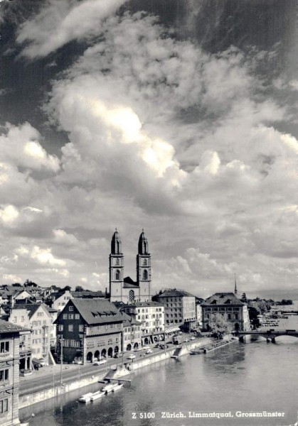 Zürich. Limmatquai, Grossmünster Vorderseite