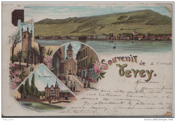 Vevey, Souvenir de - vue generale, L'Eglise St-Martin, Le Chateau, Rue d'Italie - Litho