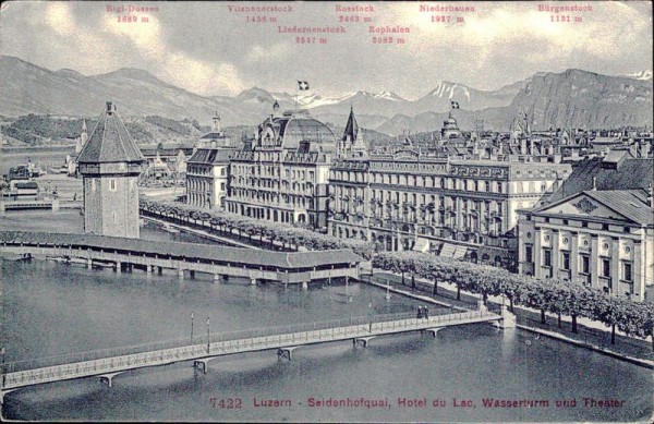 Luzern - Seidenhofquai, Hotel du Lac, Wasserturm und Theater Vorderseite